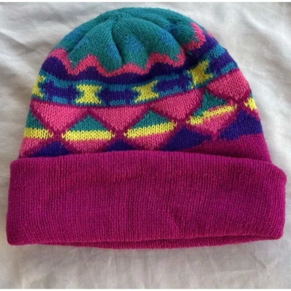 Vintage 90s Fleece Lined Acrylic Navajo Aztec Teal Purple Geometric Beanie Girls